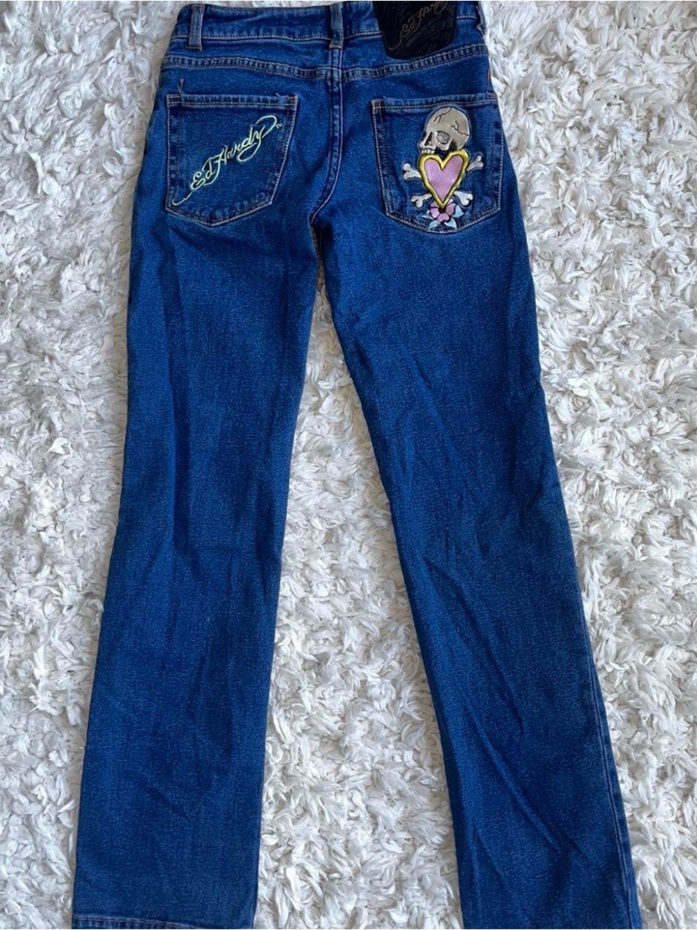 Ed Hardy Blue Boot Cut Jeans with Embroidered Heart & Skull